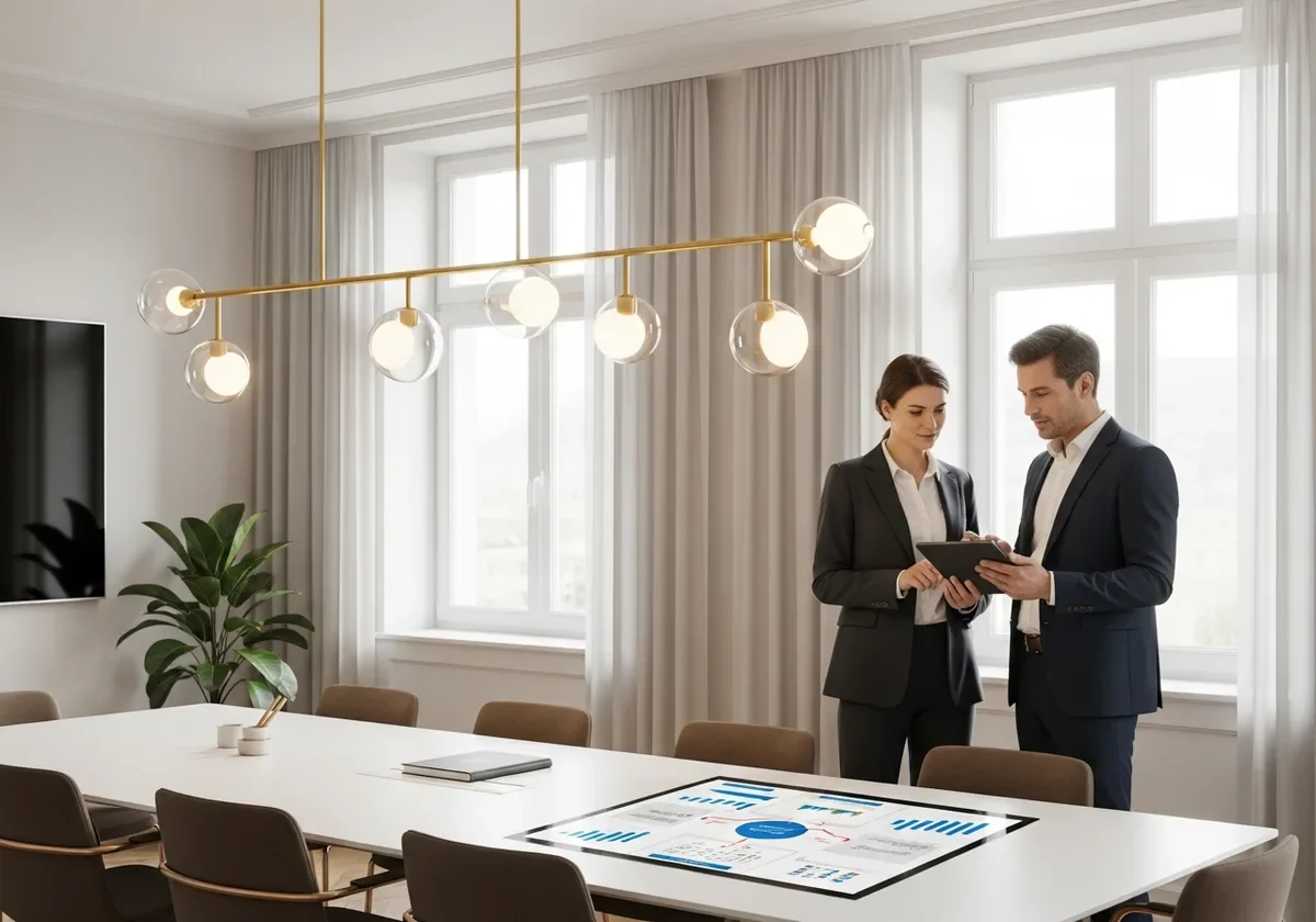 Zwei Beratende besprechen Informationen auf einem Tablet in einem hellen Sitzungszimmer